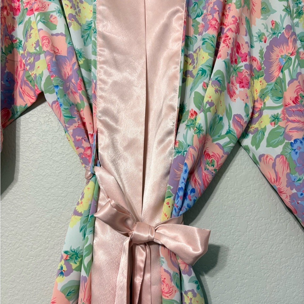 Vintage Victoria's Secret Gild Label Floral Satin Kimono Robe, Belt - Multicolor - Picture 4 of 11